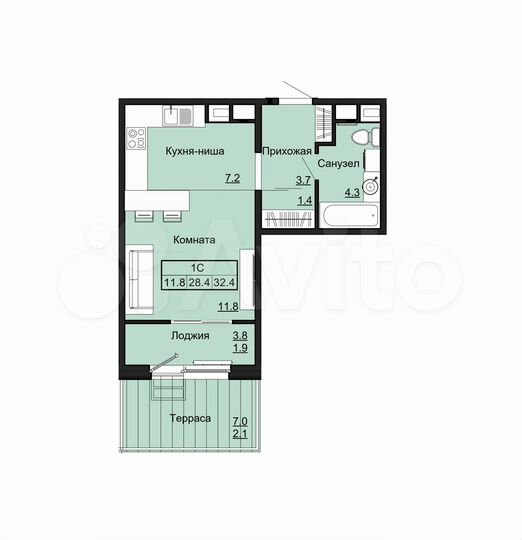 Квартира-студия, 32,4 м², 1/12 эт.