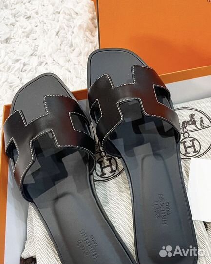 Шлёпанцы Hermes Oran черные (люкс)