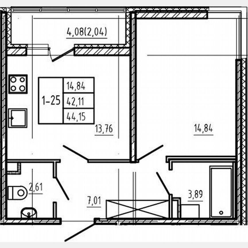 1-к. квартира, 42,1 м², 1/4 эт.