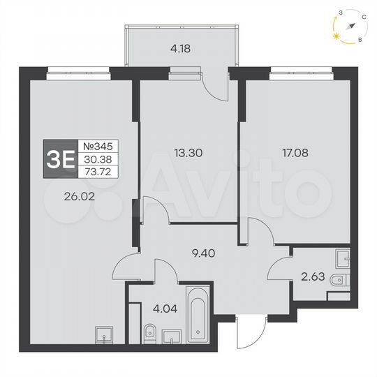 2-к. квартира, 73,7 м², 12/25 эт.