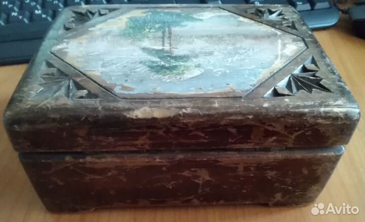 Шкатулка, старинная, дерево, штамп артели