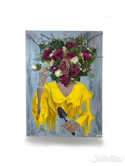 Картина поп-арт с декором из мха и цветов