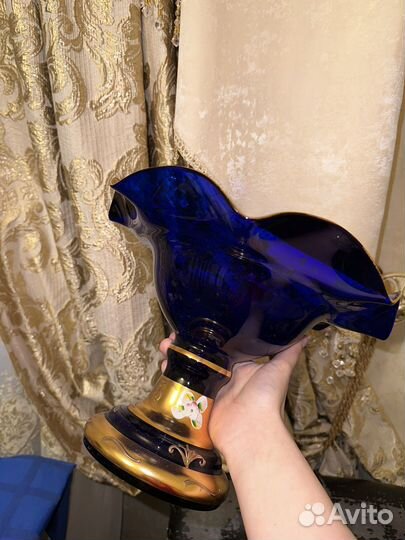 Ваза богемия оригинал лепка смальта синяя