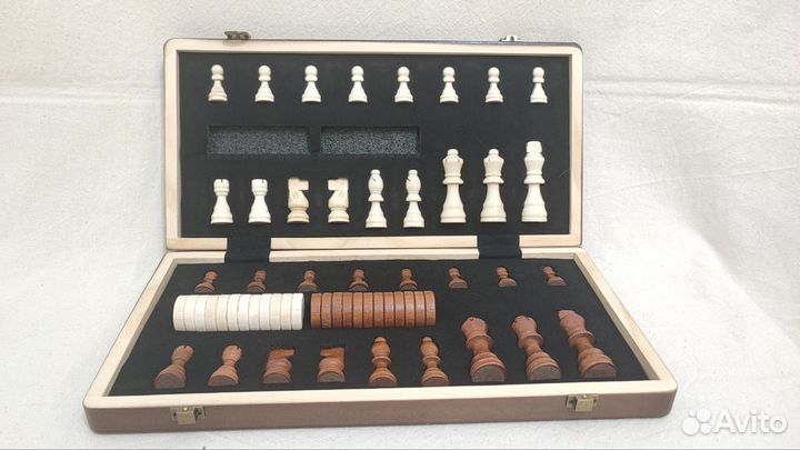 Набор шахматы, шашки 2в1 деревянные, магнитные