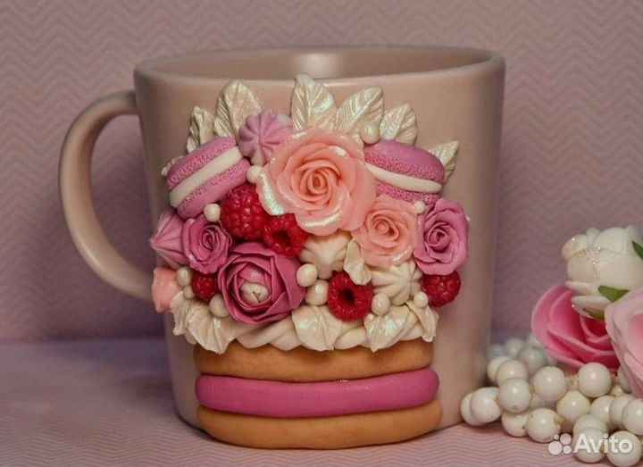 Кружка с декором(полимерная глина) ручная работа