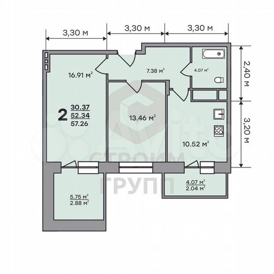 2-к. квартира, 57,3 м², 11/19 эт.