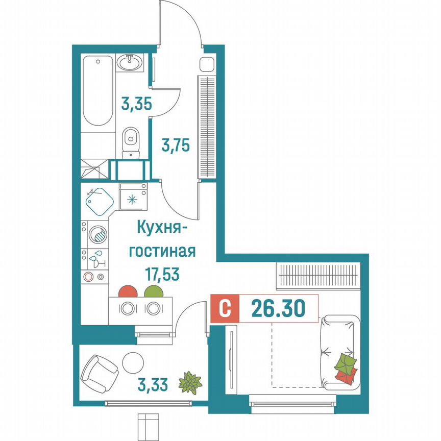 Квартира-студия, 26,3 м², 15/18 эт.