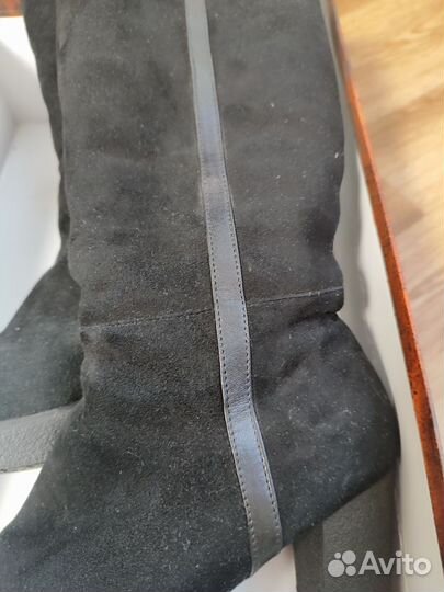 Зимние замшевые сапоги чёрные женские на каблуке