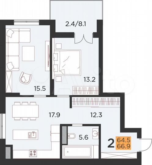 2-к. квартира, 66,9 м², 8/16 эт.