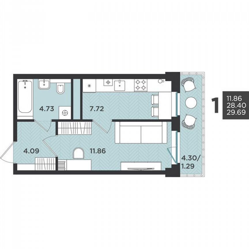 1-к. квартира, 29,7 м², 4/4 эт.