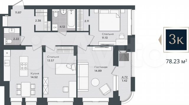 3-к. квартира, 78,2 м², 6/24 эт.