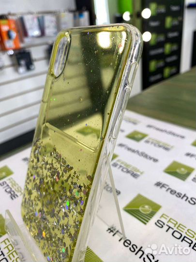 Чехол жёлтый с блёстками для iPhone X/Xs