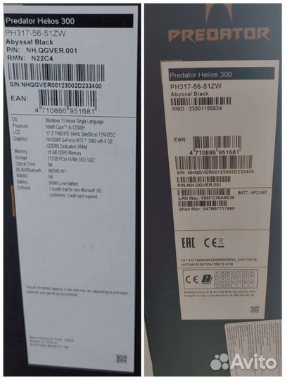 Новый Acer Predator Helios 300 RTX3060 16/512 17.3