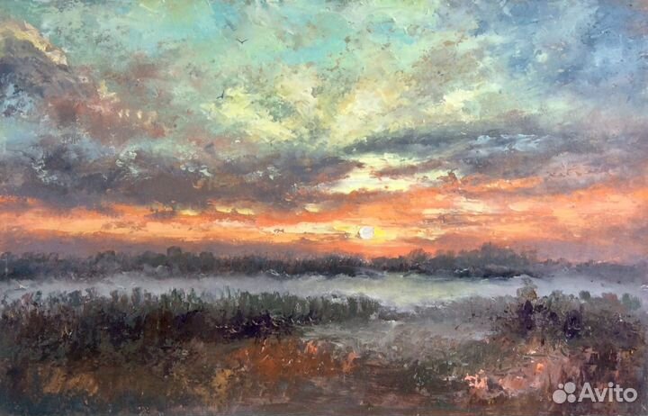 Картина маслом Закат, летний пейзаж