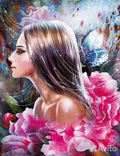 Алмазная мозаика 40x50 Девушка с бабочкой в розах