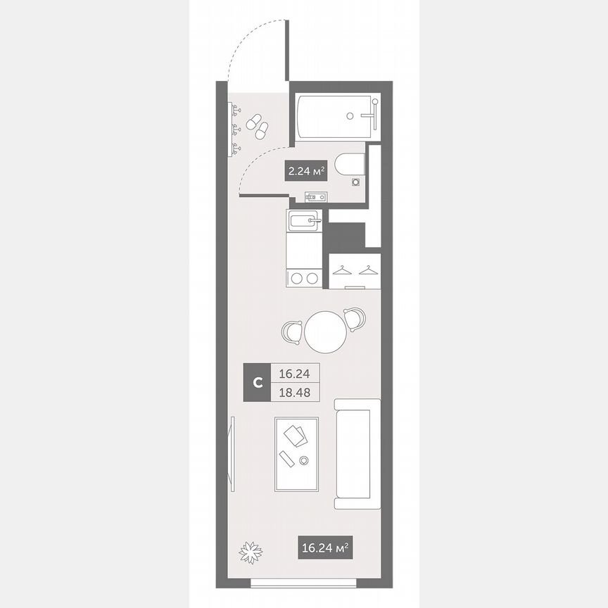 1-к. апартаменты, 18,5 м², 2/13 эт.