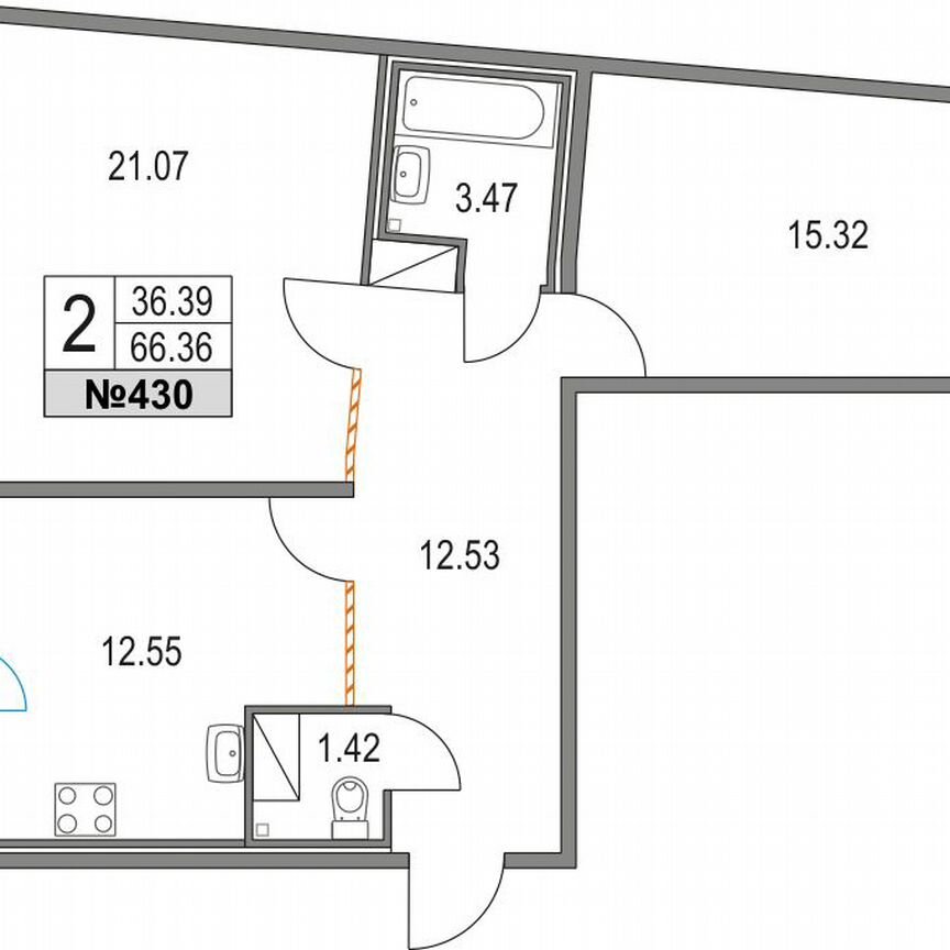 2-к. квартира, 66,4 м², 13/21 эт.