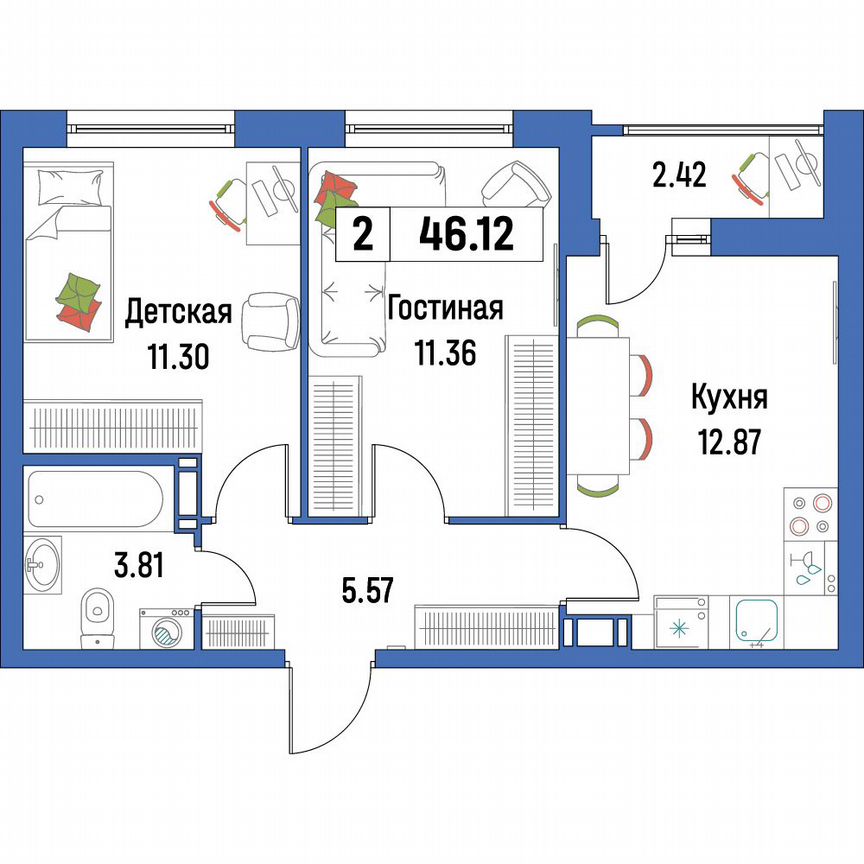 2-к. квартира, 46,1 м², 7/16 эт.