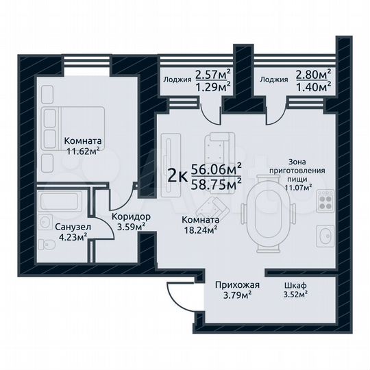 2-к. квартира, 58,8 м², 2/10 эт.