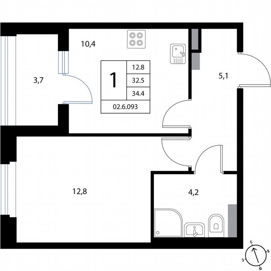 1-к. квартира, 34,4 м², 2/3 эт.