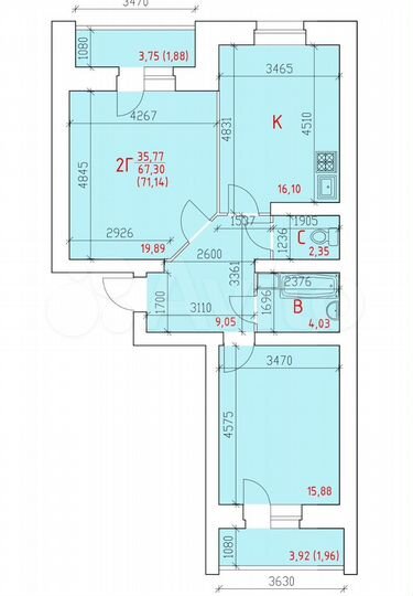 2-к. квартира, 71,1 м², 11/12 эт.
