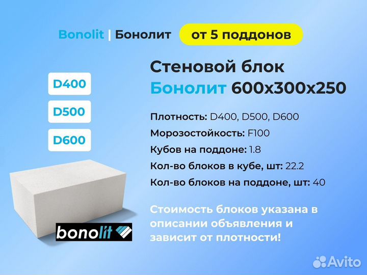 Газобетонные блоки Бонолит 600х300х250 от 5 под