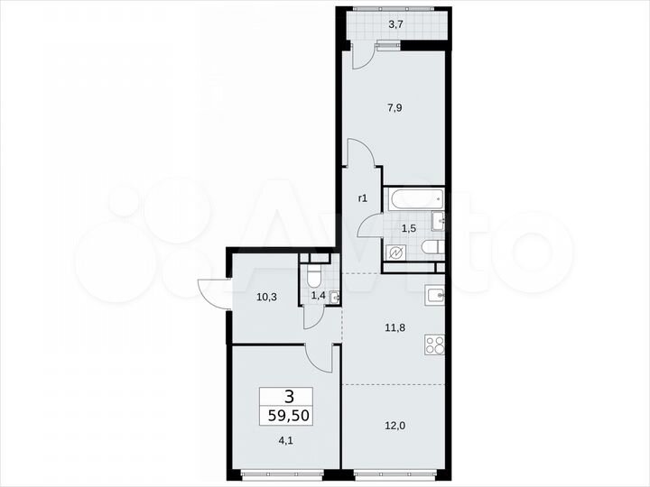 3-к. квартира, 59,5 м², 6/9 эт.