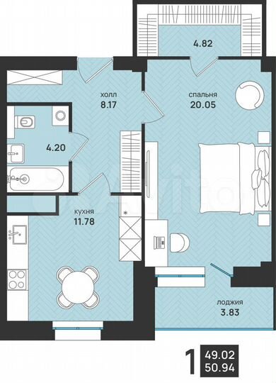 1-к. квартира, 50,9 м², 5/15 эт.