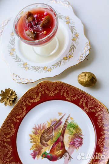 Винтажные фарфоровые квадратные блюда с птицами