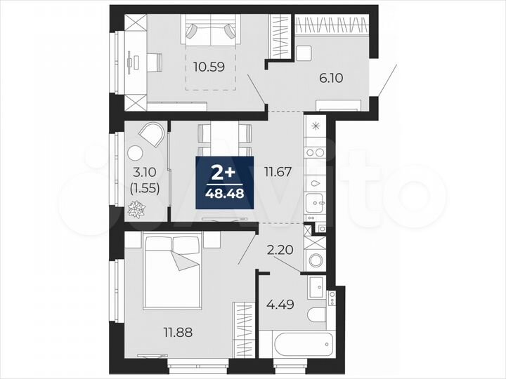 2-к. квартира, 48,5 м², 16/21 эт.