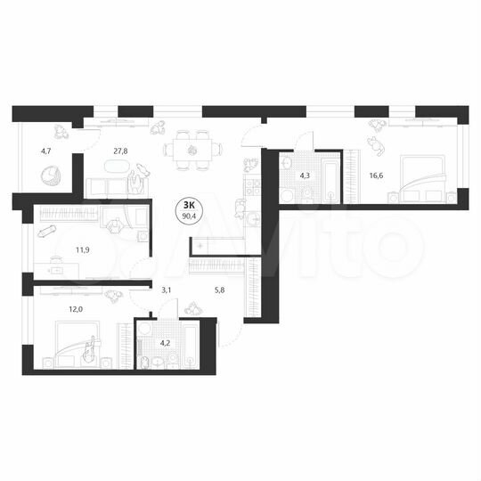 3-к. квартира, 90,4 м², 11/22 эт.