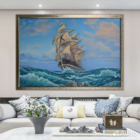 Красивая картина маслом корабль на волнах