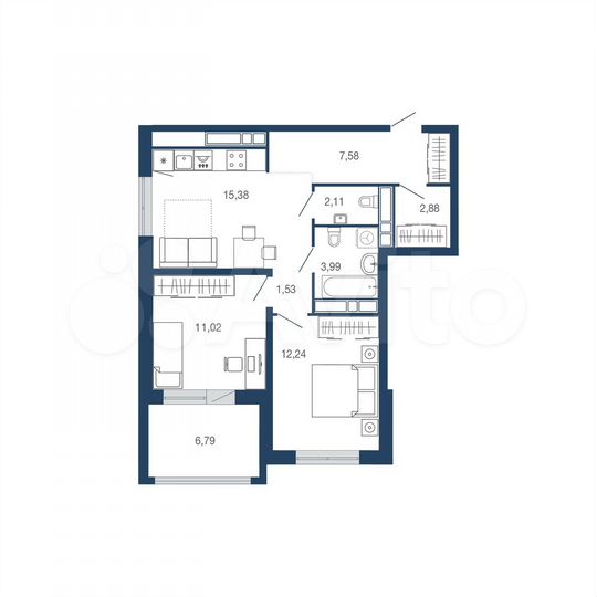 2-к. квартира, 63,5 м², 12/22 эт.