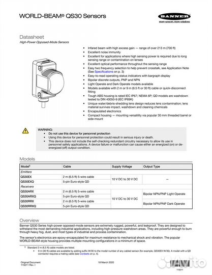 Оптоэлектронные датчики Banner QS30