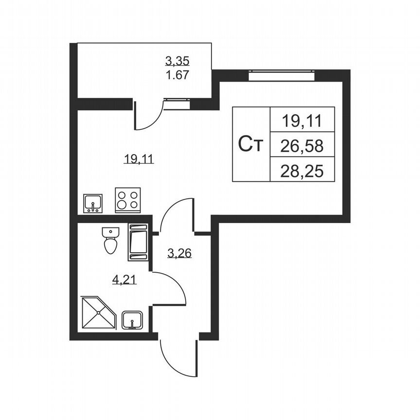 Квартира-студия, 28,3 м², 13/19 эт.