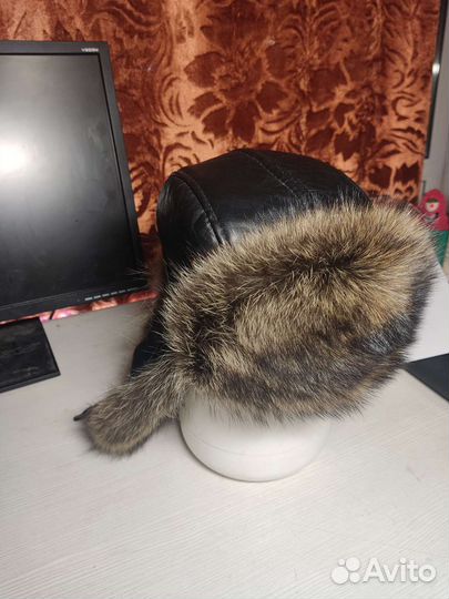 Мужская шапка. Енот, нат. кожа