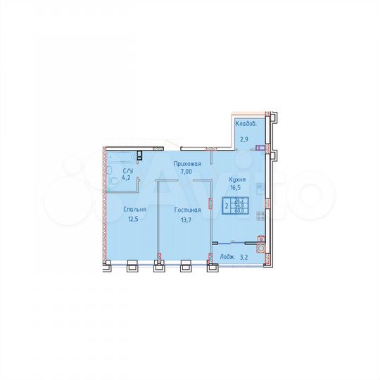 2-к. квартира, 60 м², 6/8 эт.