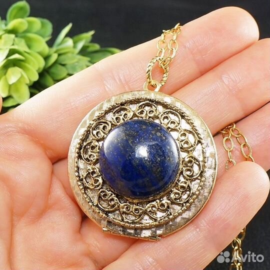 Медальон Кулон Лазурит Синий круглый antique gold