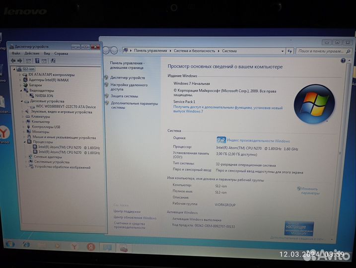 Ноутбук lenovo ideapad S12 20021