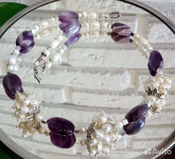 Колье и браслет из аметиста и речного жемчуга