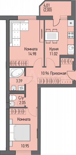 2-к. квартира, 54,9 м², 11/16 эт.