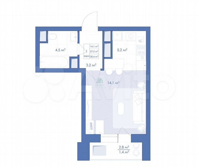 Квартира-студия, 28,7 м², 8/21 эт.