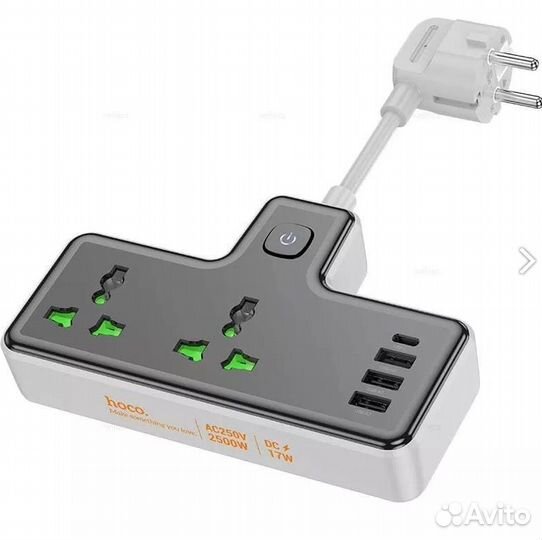 Сетевой фильтр hoco AC11A 2 гнезда + Type-C USB-C