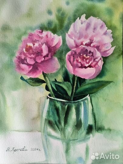 Картина пионы акварелью