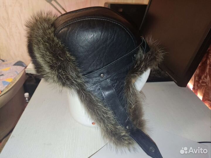 Мужская шапка. Енот, нат. кожа