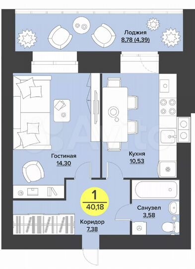 1-к. квартира, 40,1 м², 9/9 эт.