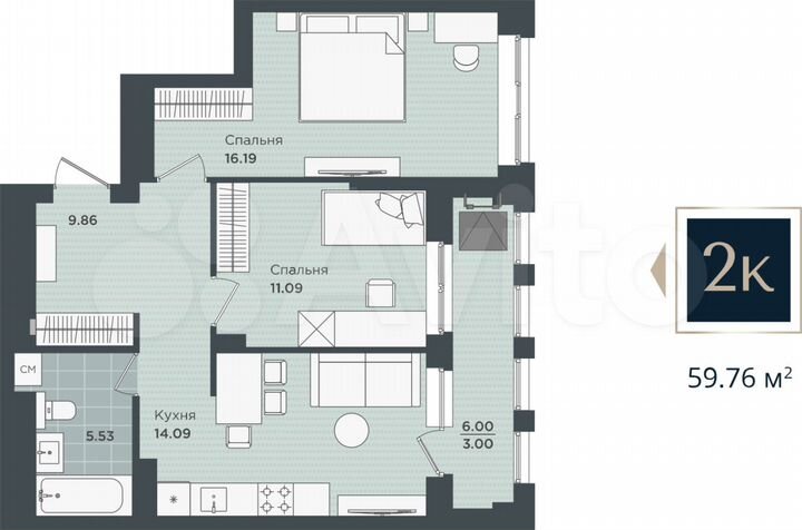 2-к. квартира, 59,8 м², 13/24 эт.