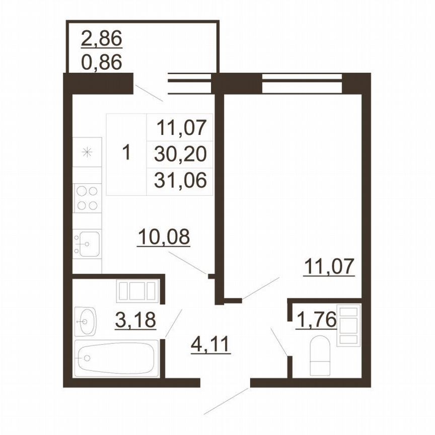 1-к. квартира, 31,1 м², 6/6 эт.