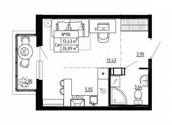 Квартира-студия, 26,9 м², 2/4 эт.