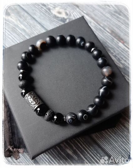 Браслет мужской агат, оникс, вулканит